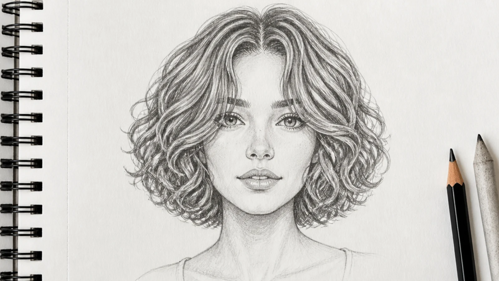 A pencil sketch of a rounded curly bob