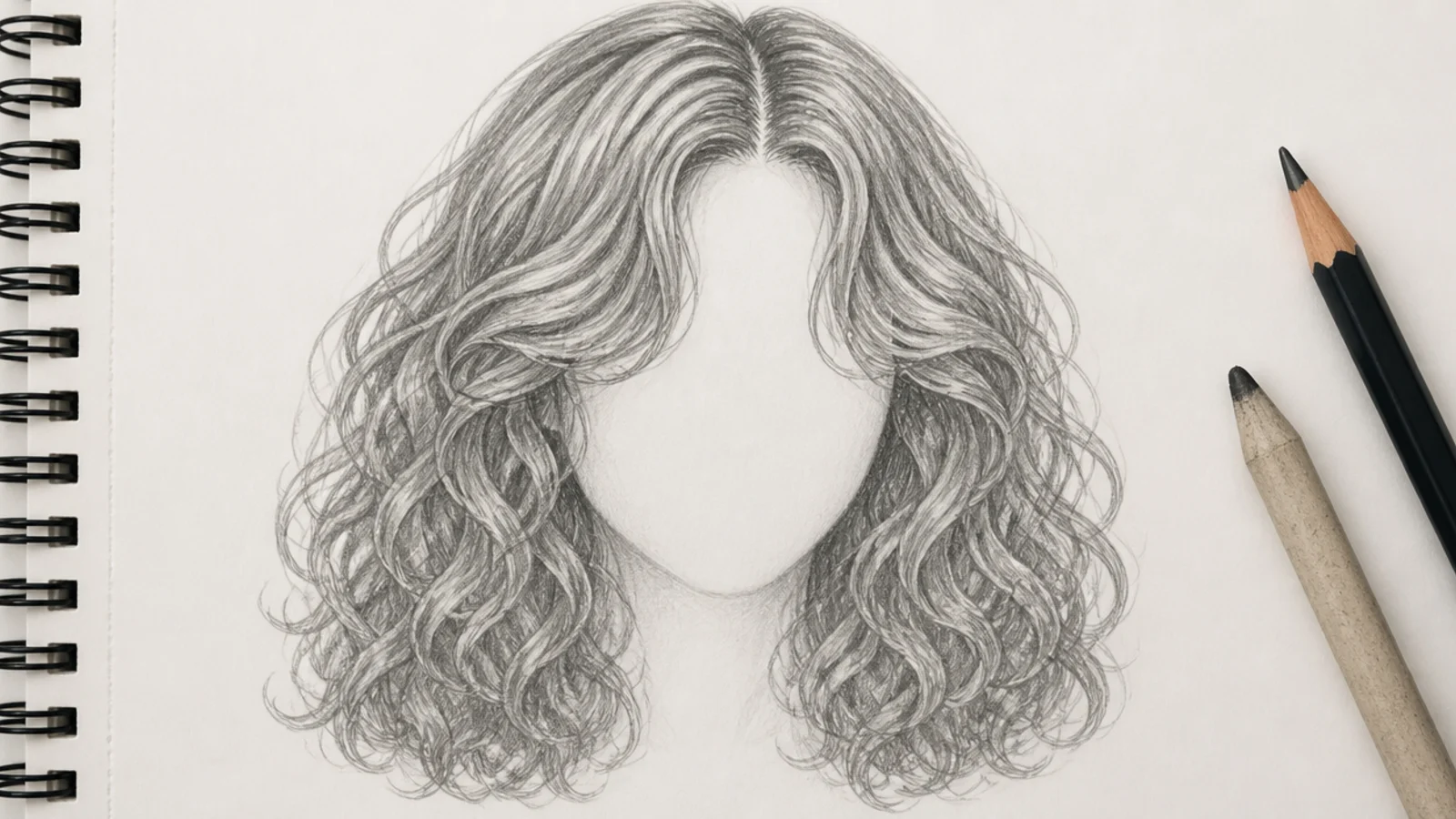 A sketch of curly curtain bangs parted at the centre