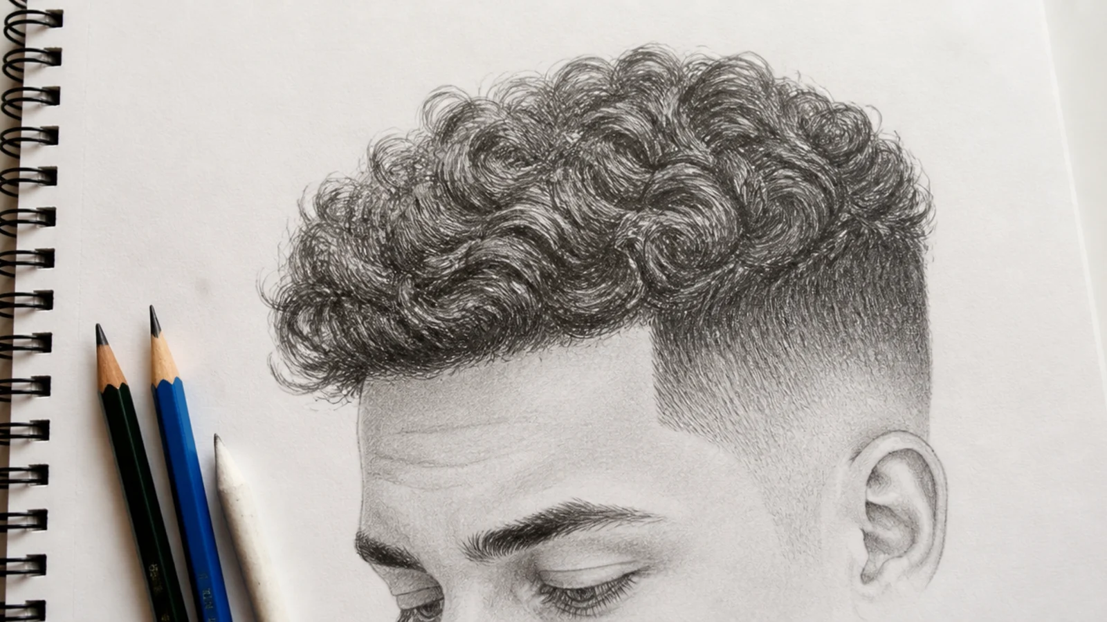 A graphite sketch of a curly top with short tapered sides