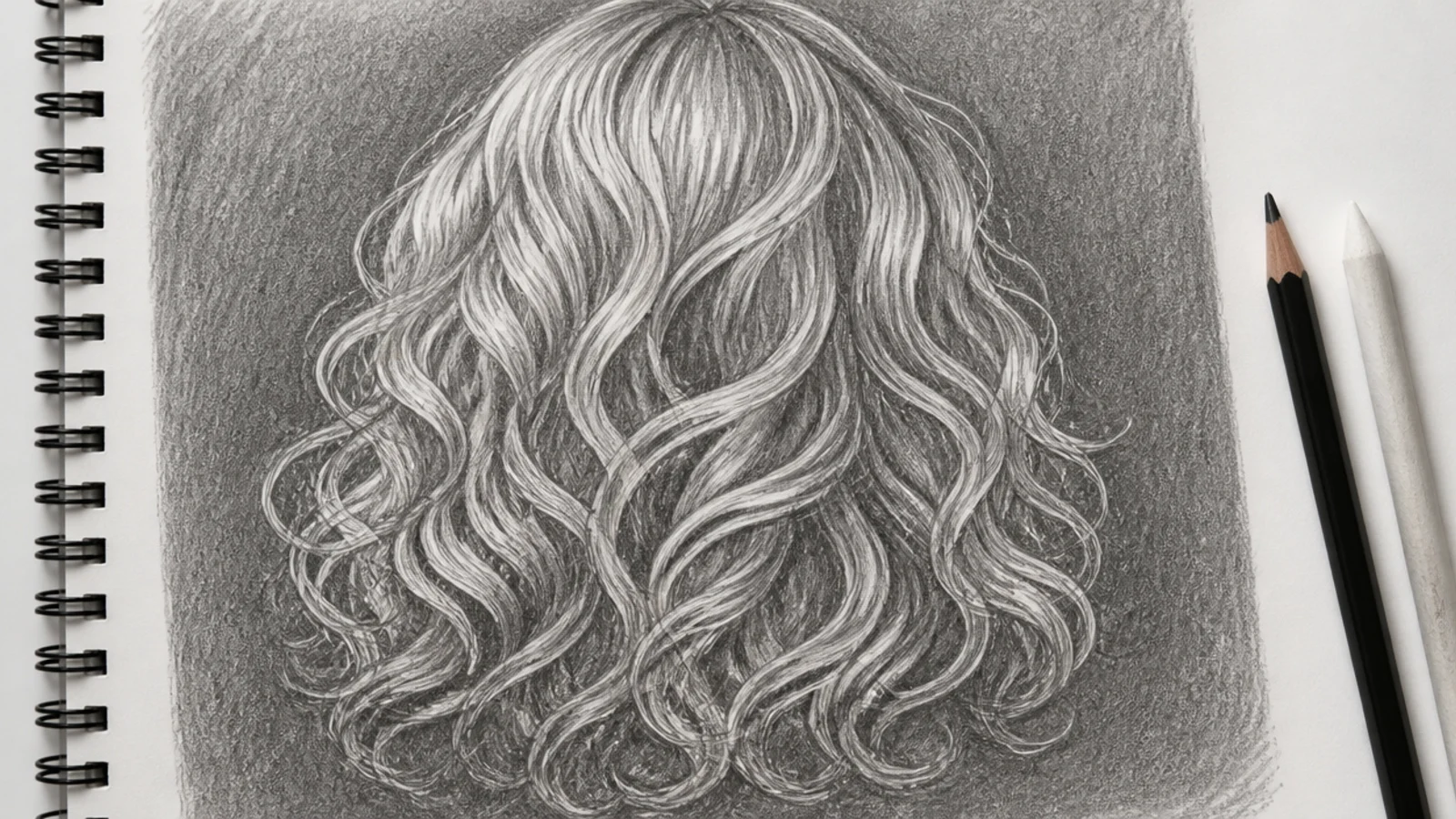 A pencil drawing of curls standing out against a shaded dark background