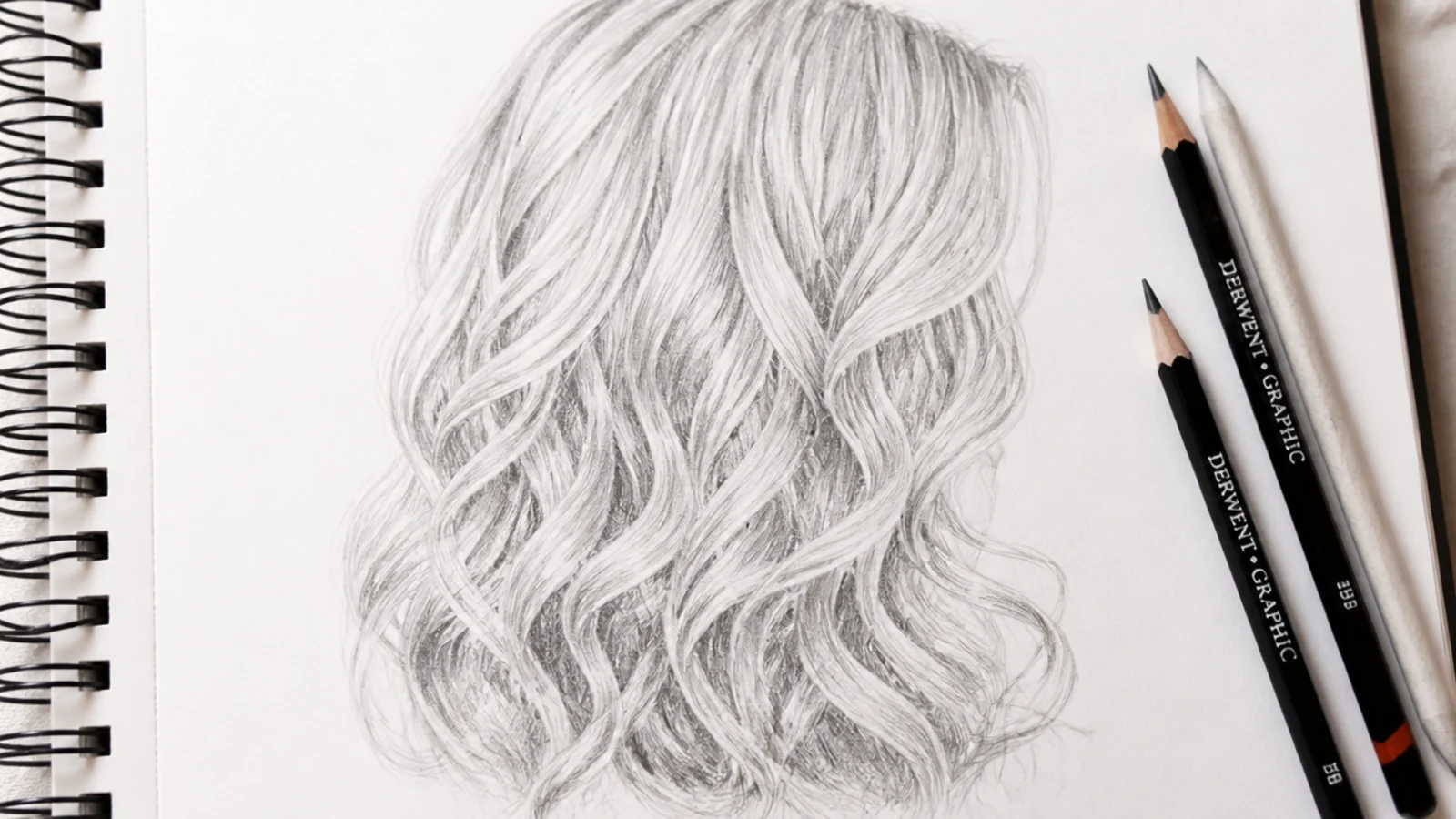 A light toned pencil sketch of blonde curls with dark gaps between them