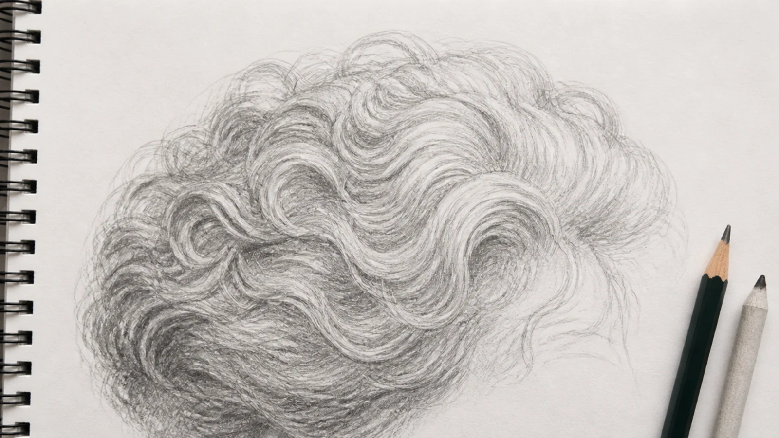 A sketch of silver curls with bright highlights against deep shadow