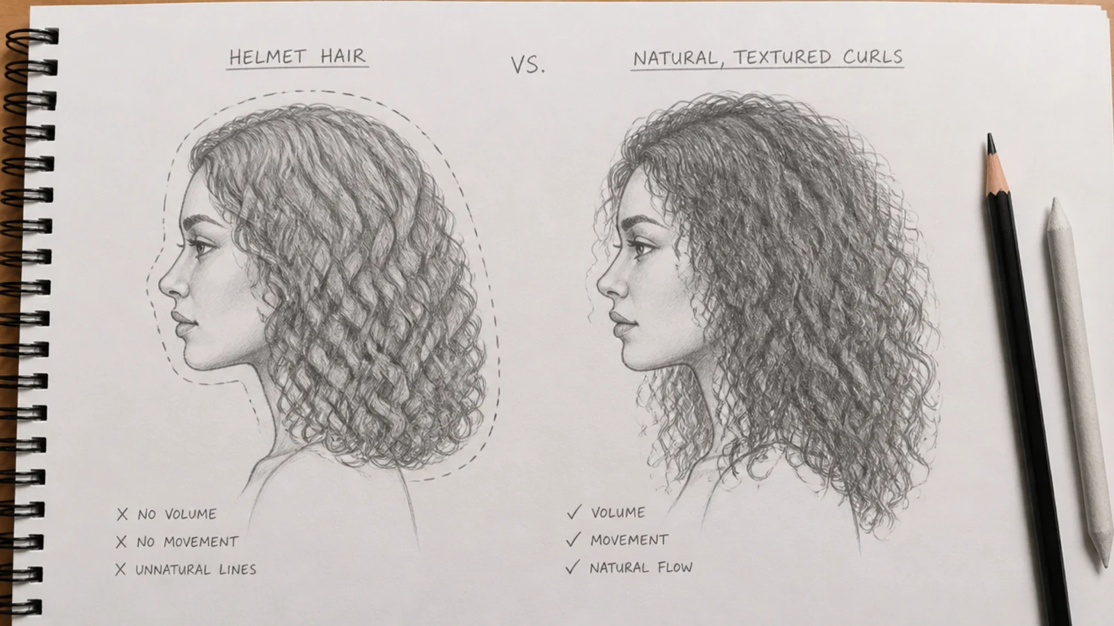 A pencil comparison of flat looking curls and corrected ribbon curls