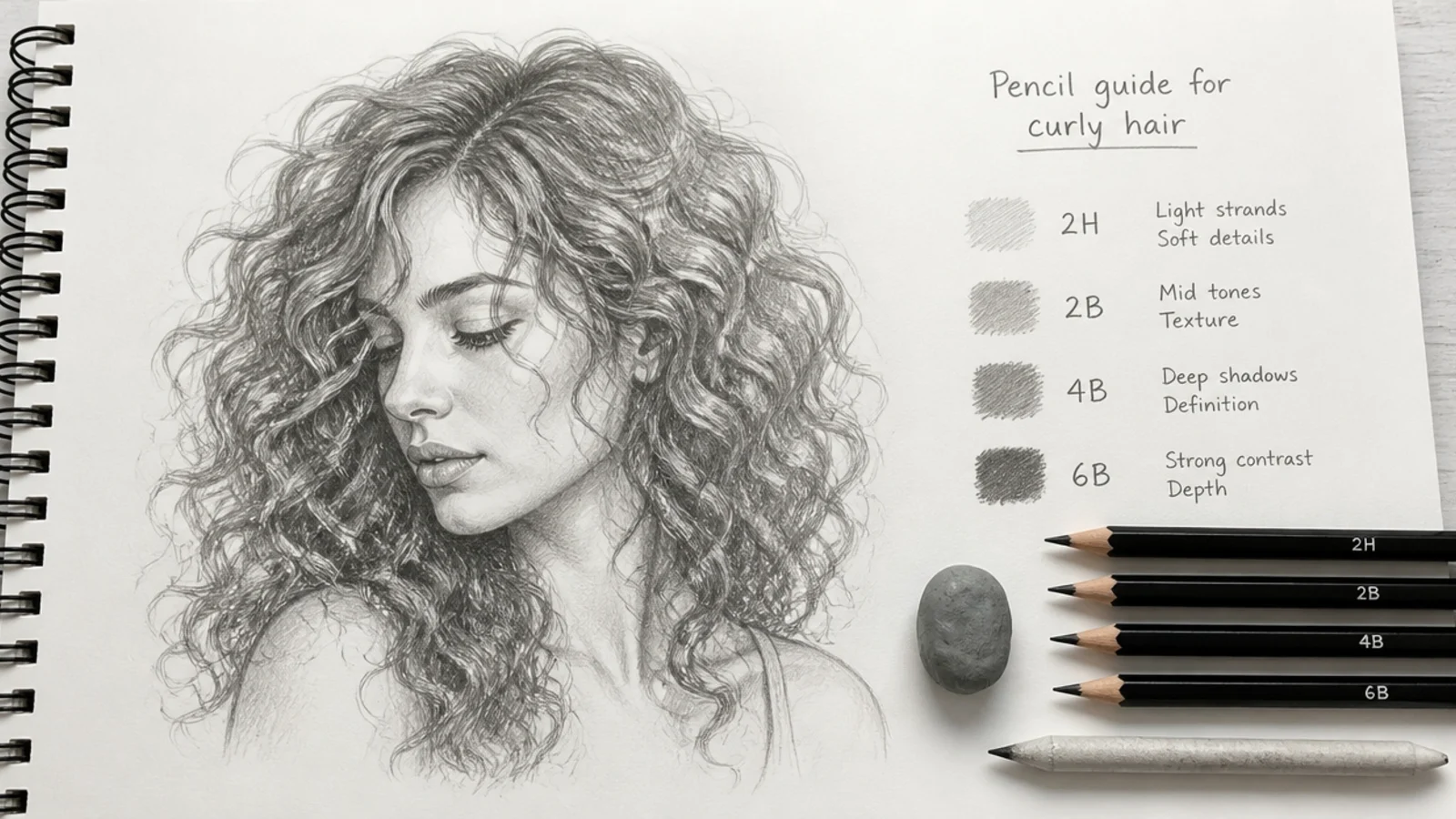 Sharpened graphite pencils and a kneaded eraser beside an open sketchbook