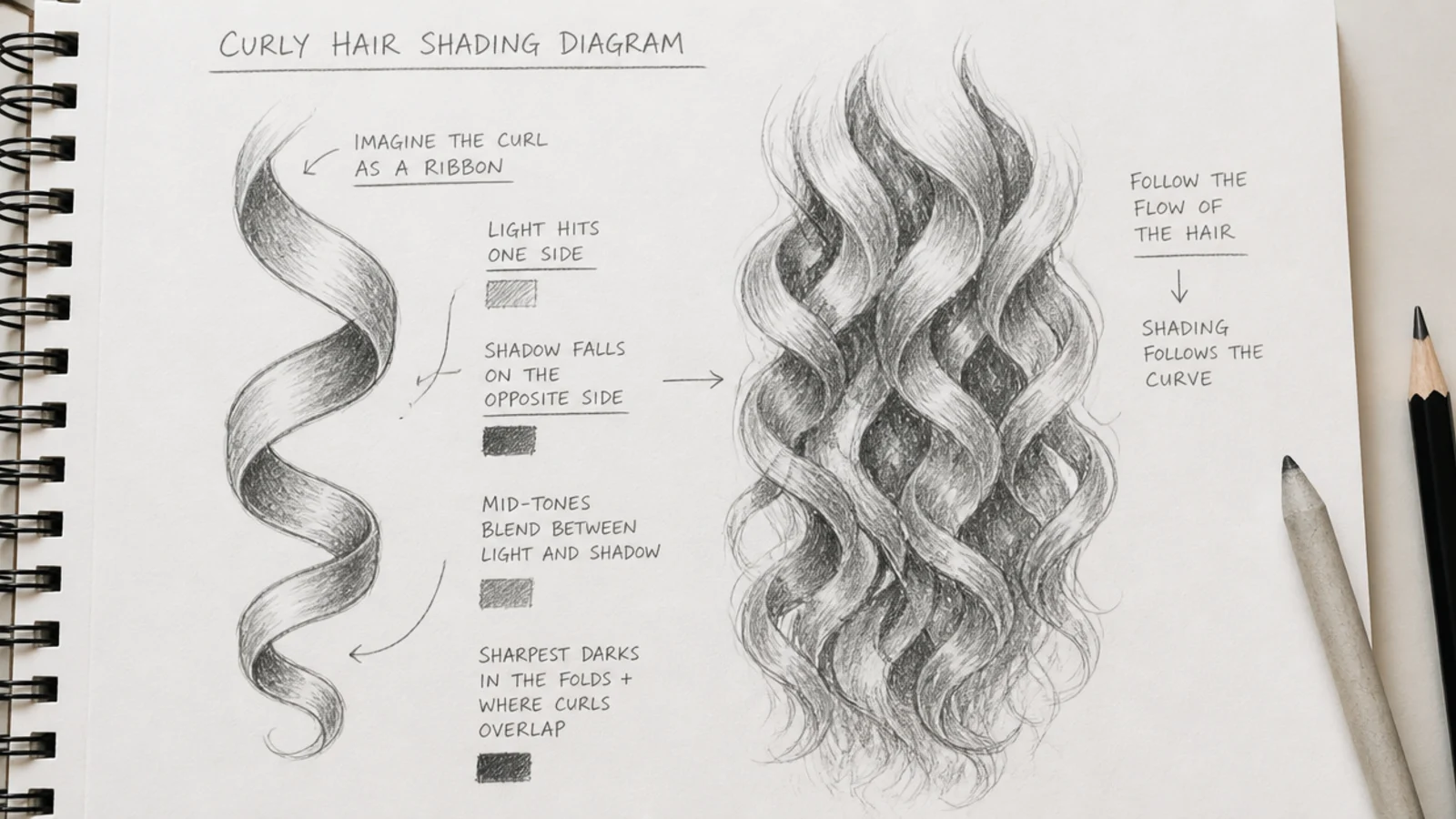 A shaded study of curls drawn as twisting ribbons with light and dark faces