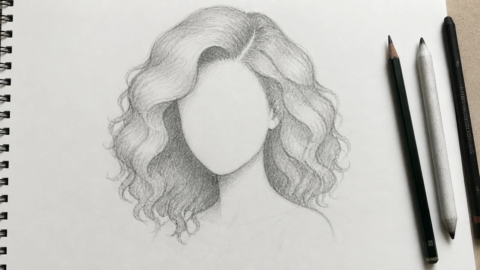 A light construction sketch showing a curly hair mass blocked outside the skull line