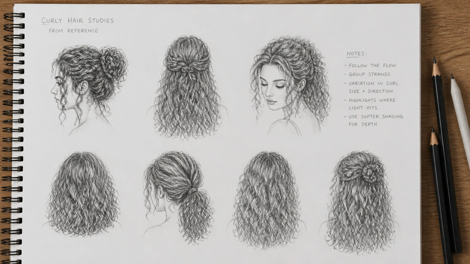 A sketchbook page of small curl studies drawn at different sizes
