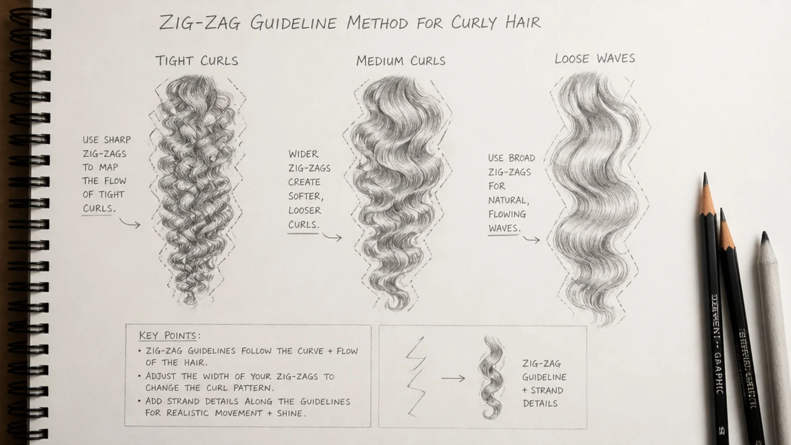 A pencil study showing zigzag guidelines with curl shapes built around them