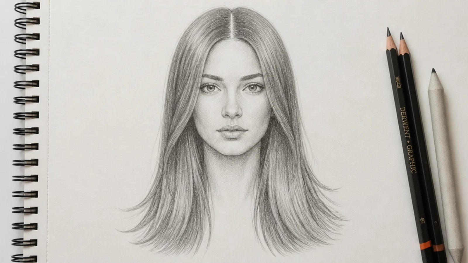 A sketch of long straight hair parted down the middle