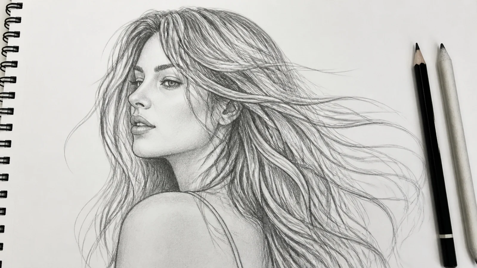 A three quarter sketch of hair lifting away from the face in wind