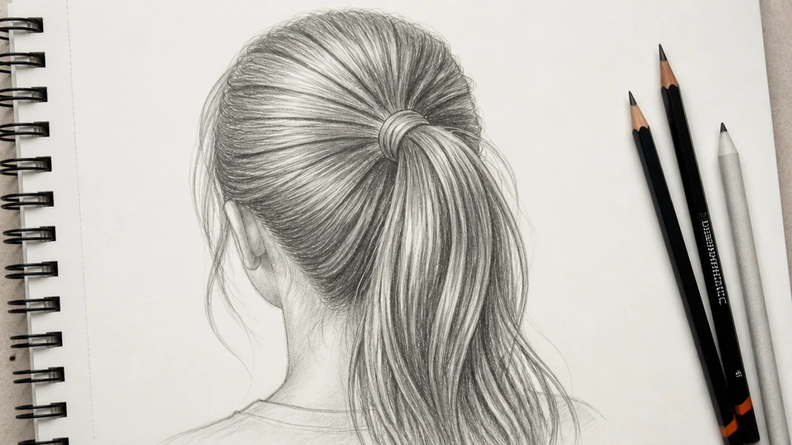 A back view sketch of a high ponytail with visible tension lines