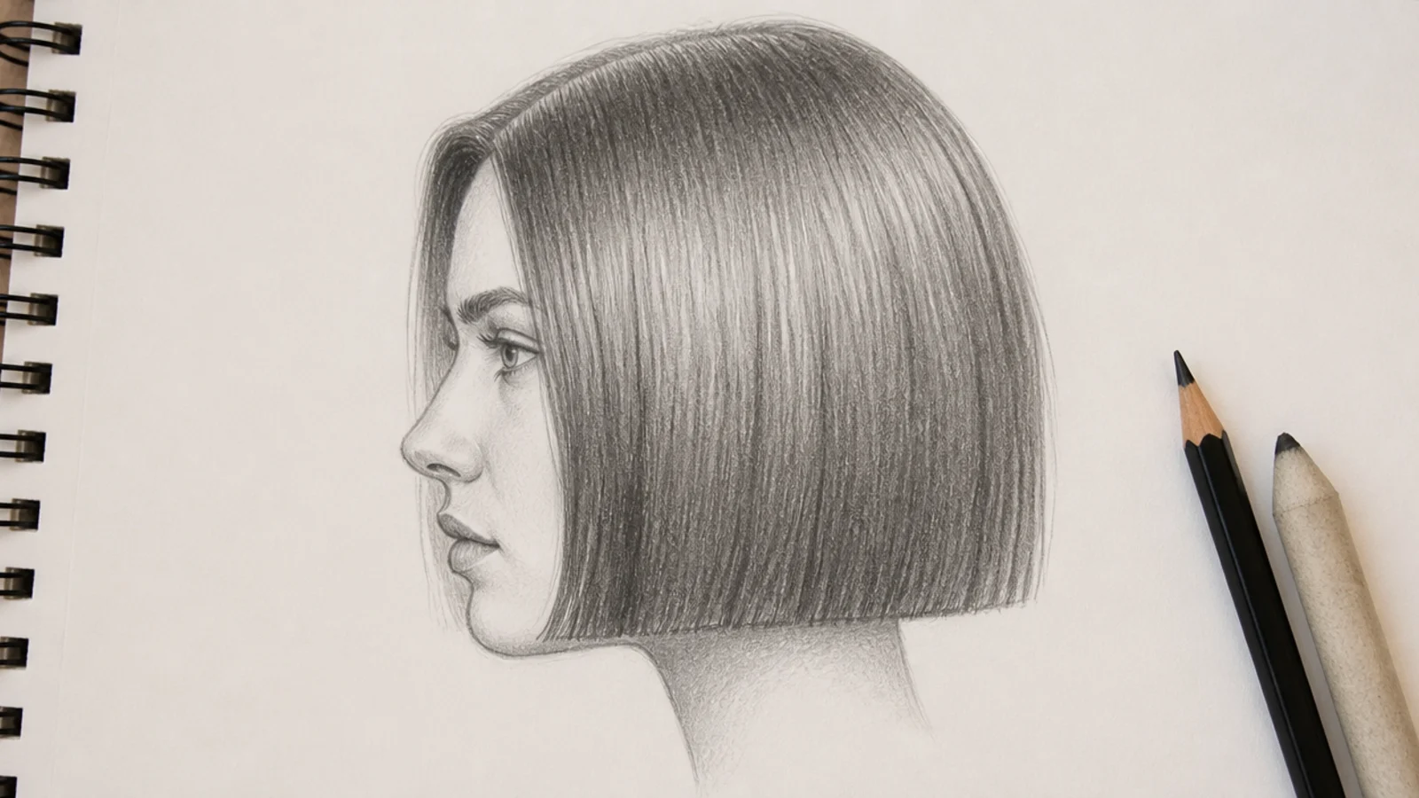 A side view sketch of a blunt bob with a hard bottom edge