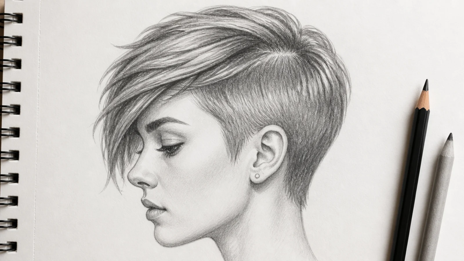 A sketch of a short pixie cut with a fringe swept to one side