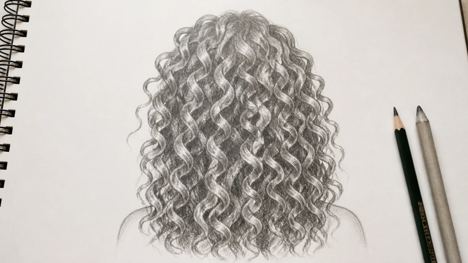 A sketch of defined springy curls falling in ribbon-like clusters