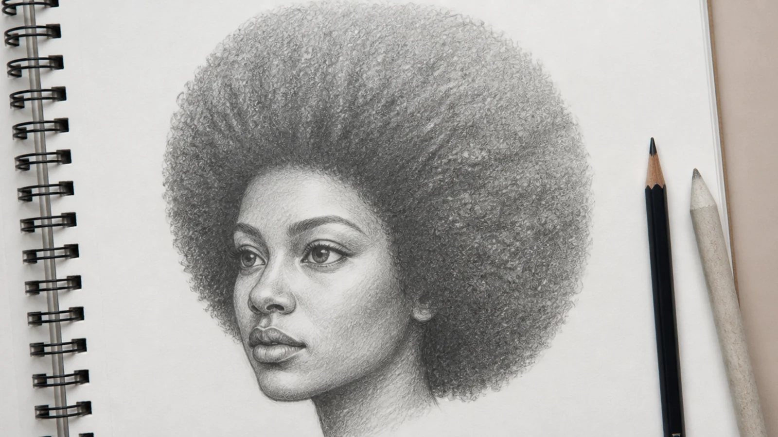 A sketch of a rounded afro with a glowing rim of backlit coils