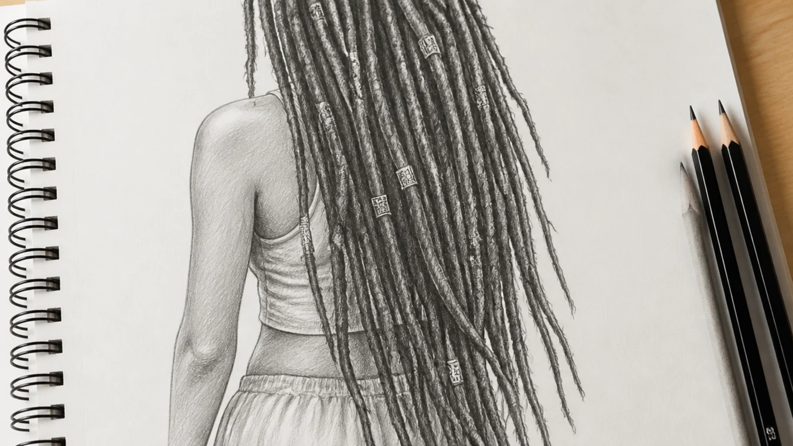 A sketch of long locs decorated with metal cuffs