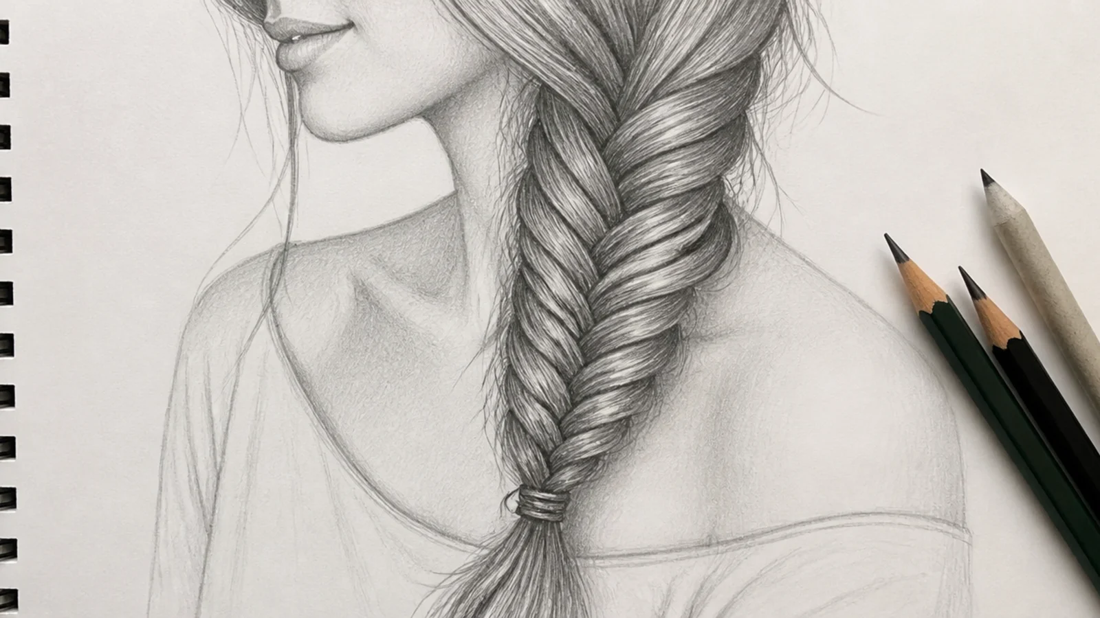 A sketch of a fishtail braid resting over one shoulder