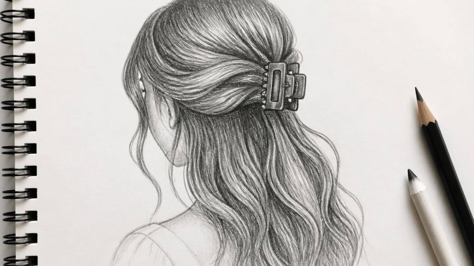 A sketch of hair pinned half up with a claw clip