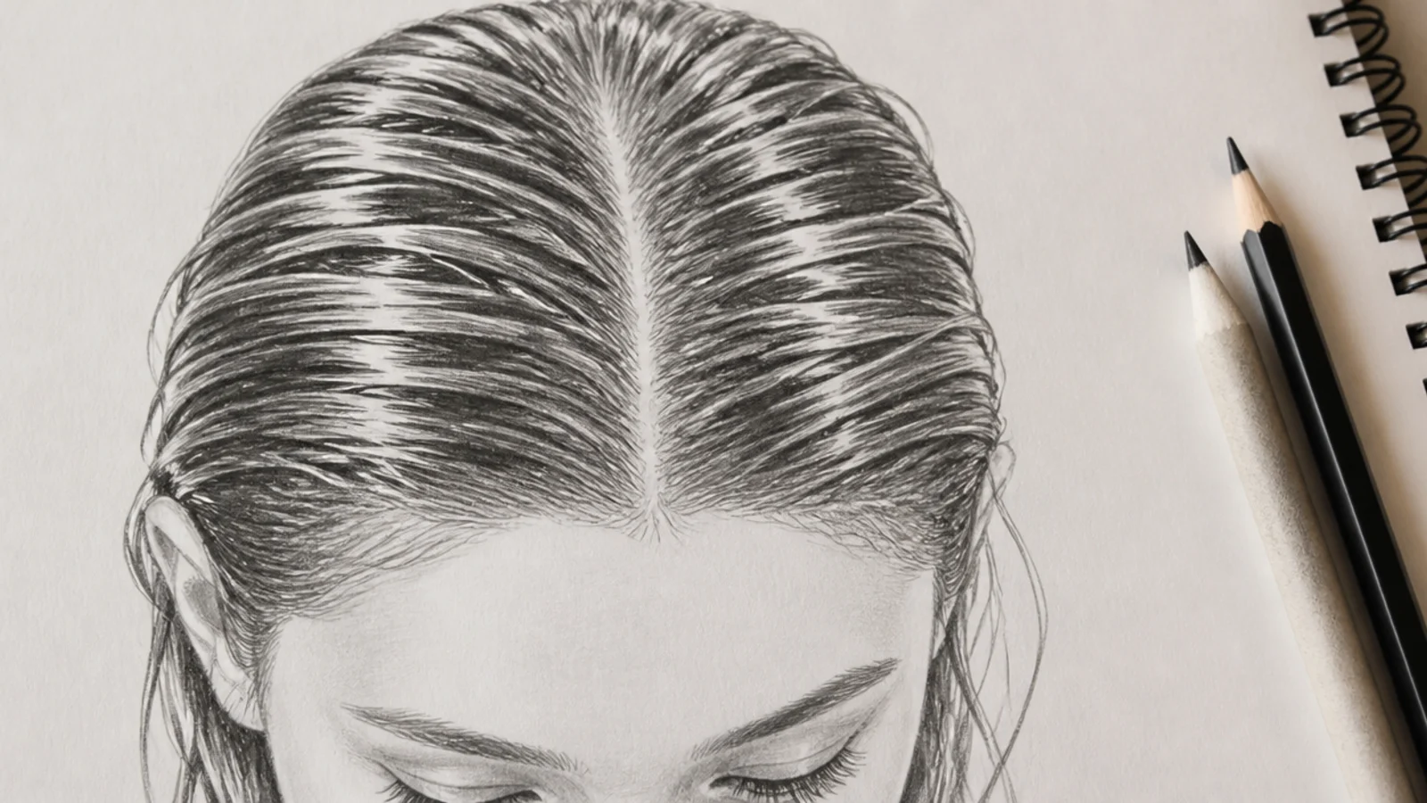 A sketch of wet hair combed flat against the head