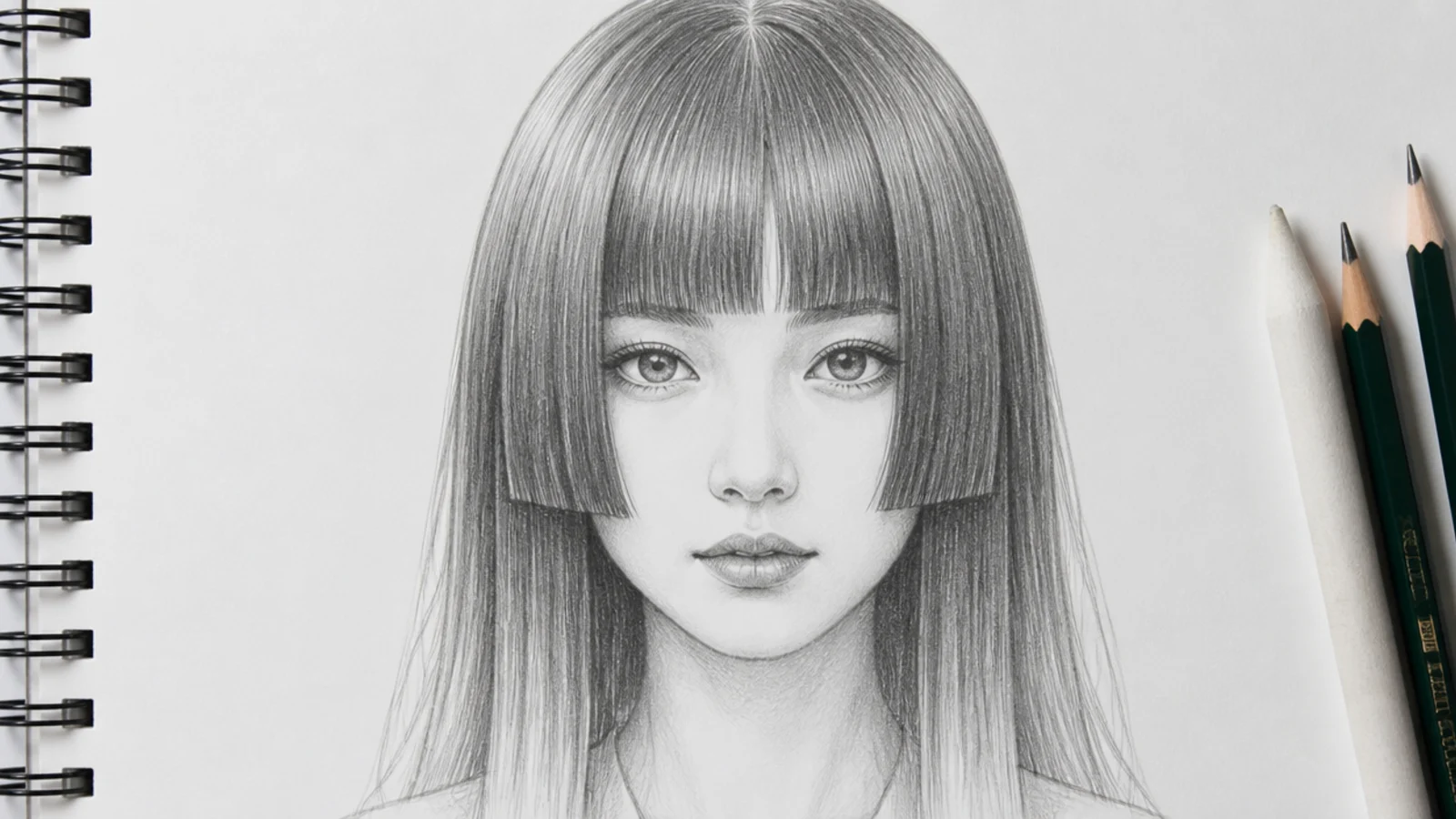 A sketch of a hime cut with blunt side panels and a straight fringe