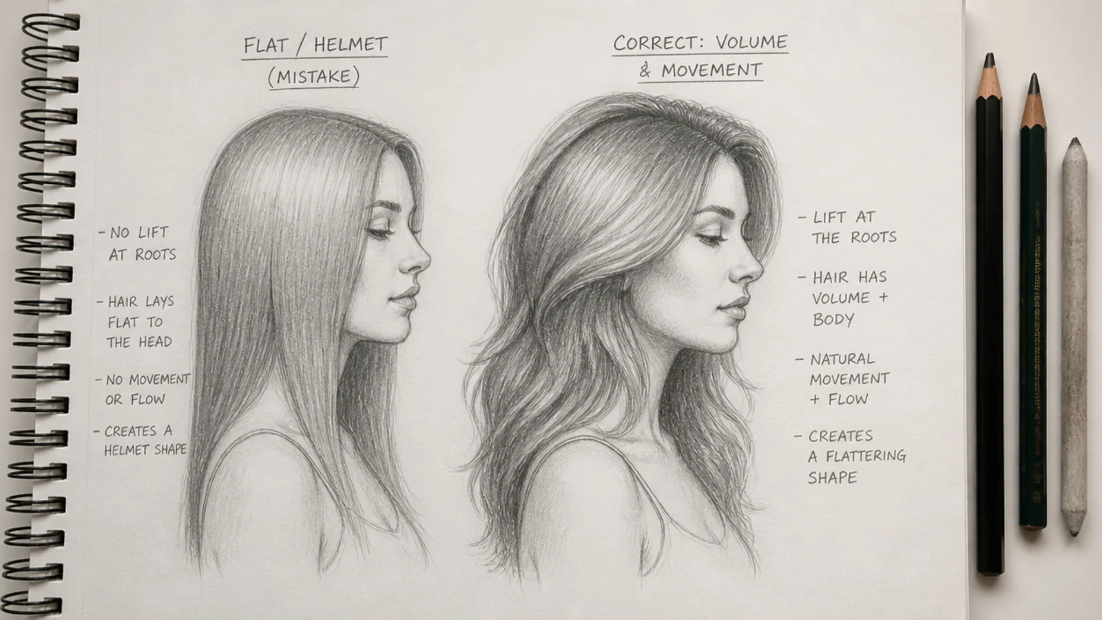 A wiry over-detailed hair drawing beside a corrected clumped version