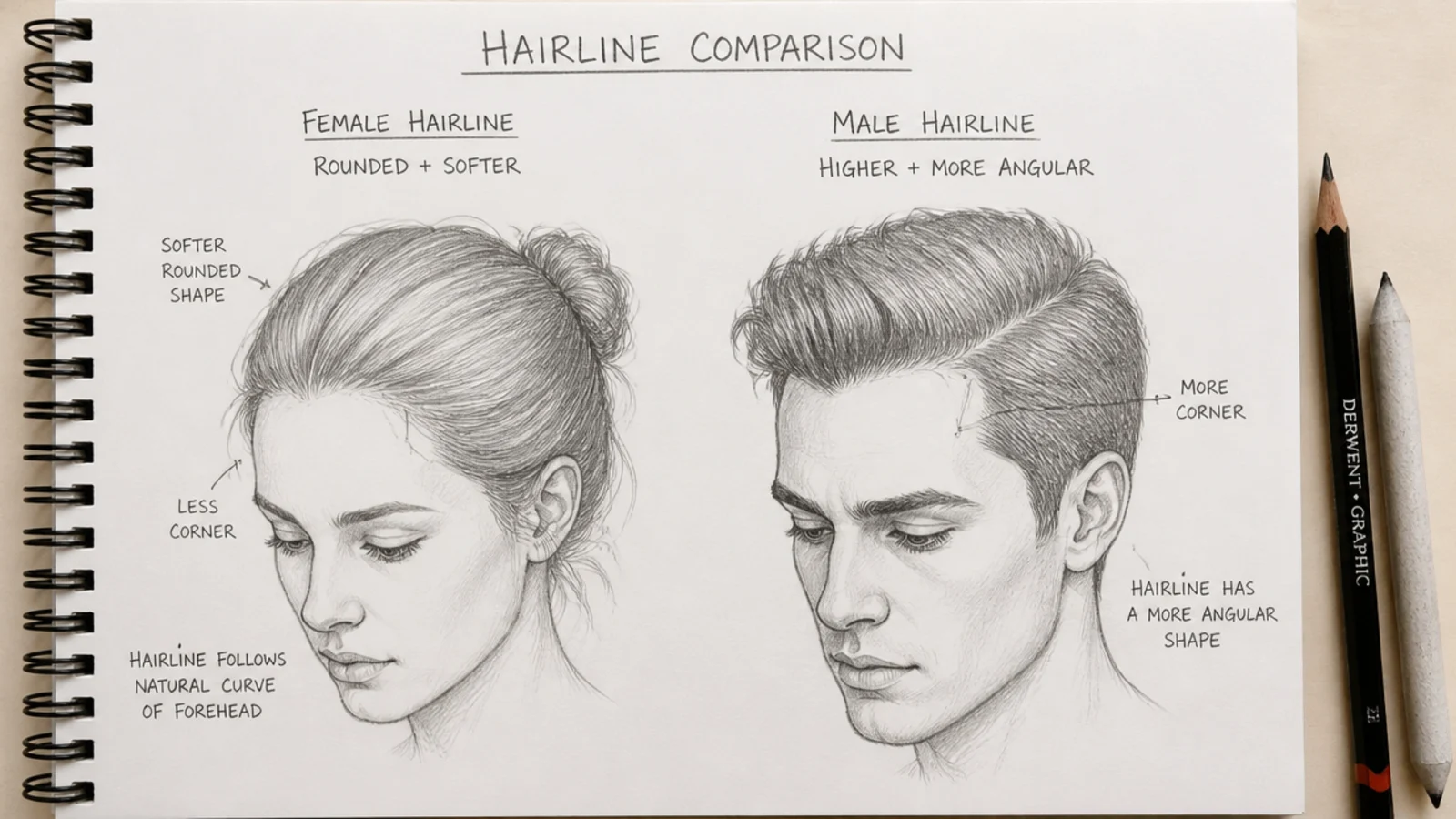 A close pencil study of a rounded hairline with fine baby hairs