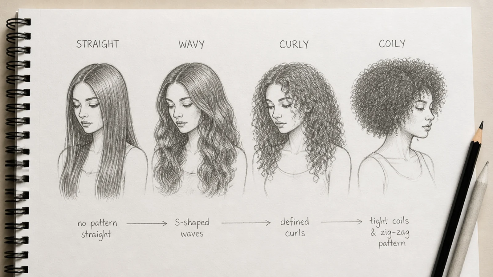 A pencil sheet comparing straight, wavy, curly and coily hair