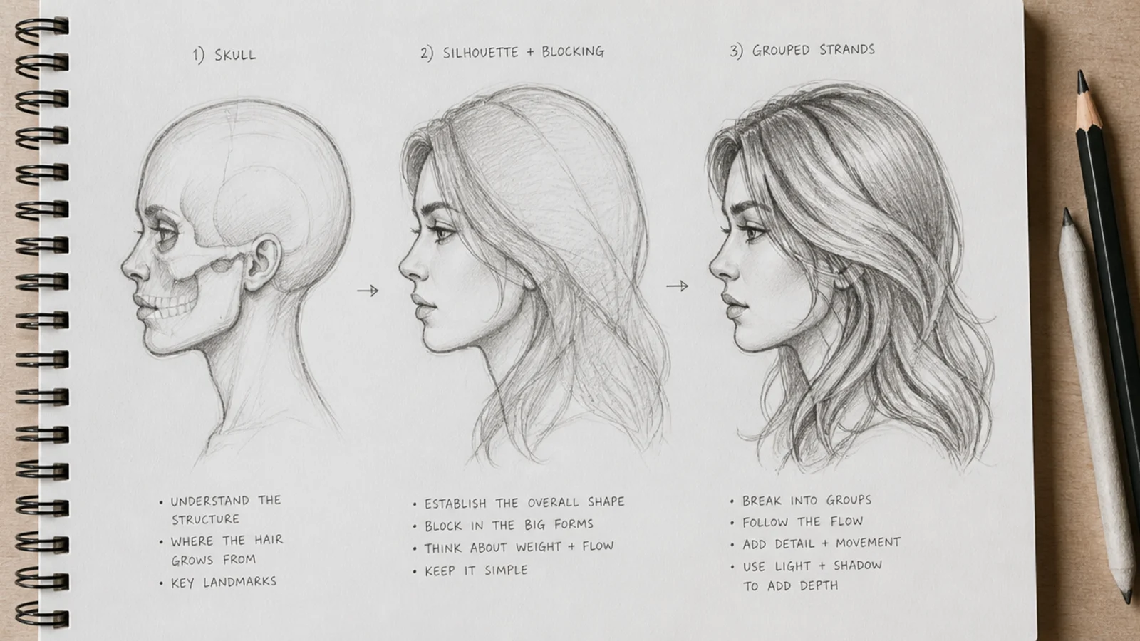 A hair sketch shown at layout stage next to the same drawing rendered