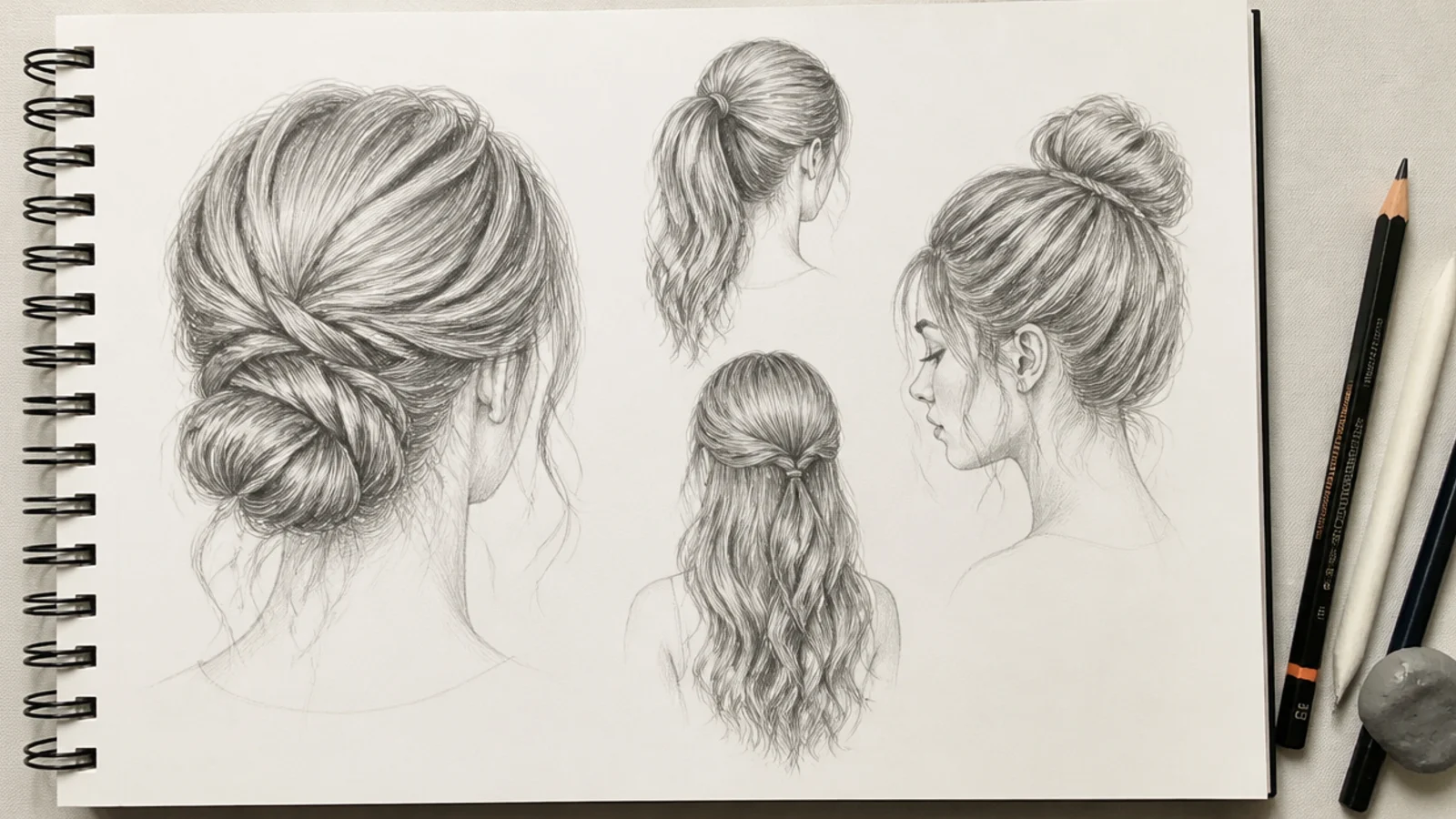 Pencils, an eraser and printed hair reference photographs on a drawing table