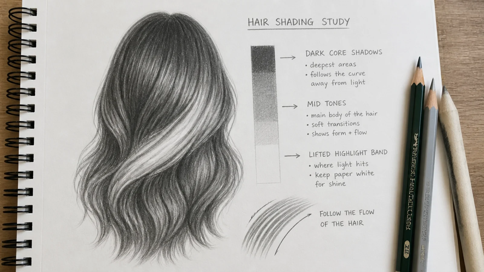 A shaded study showing dark cores, mid tone and a lifted highlight band