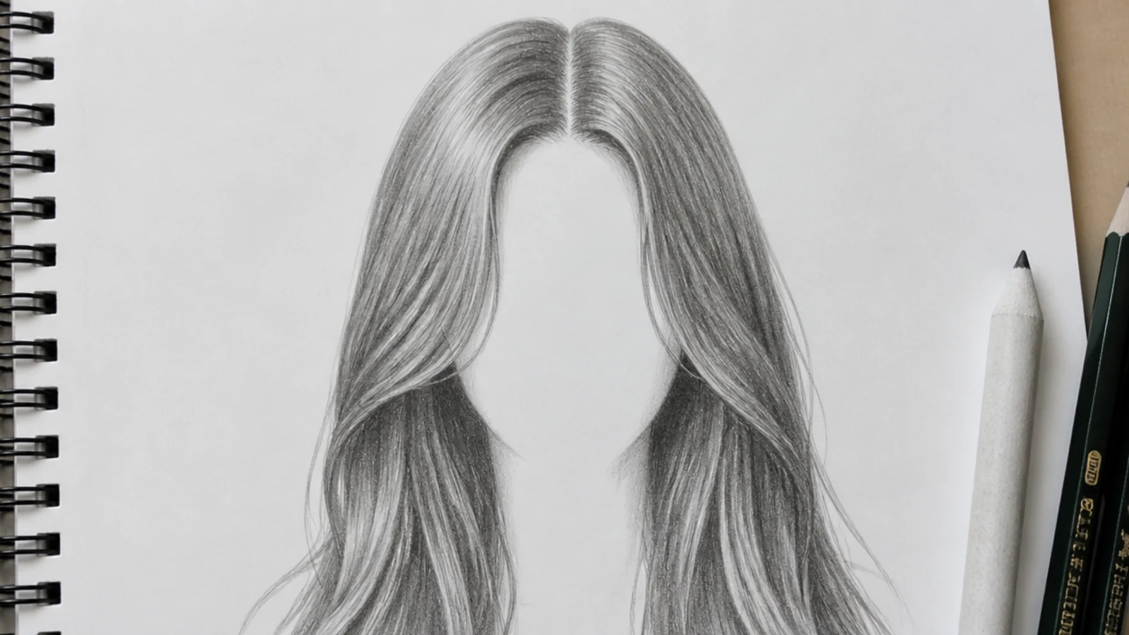 A sketch of long straight hair parted down the middle