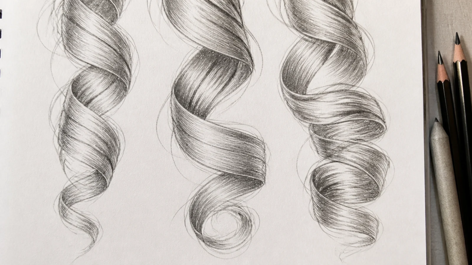 A sketch of spiral curls drawn as twisting ribbons