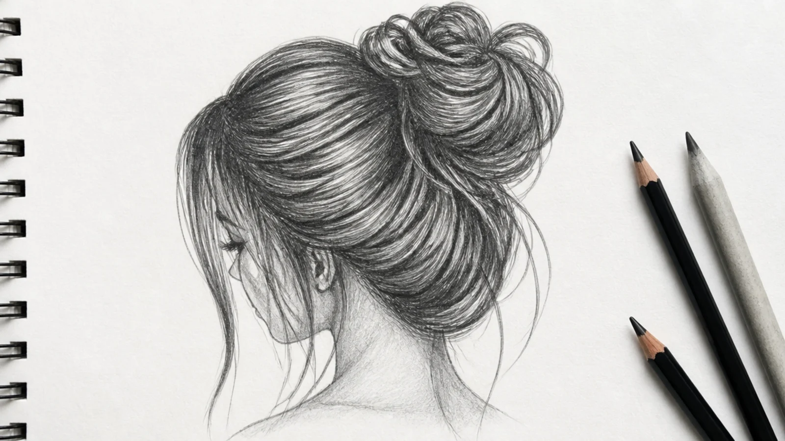 A sketch of a loose bun sitting high on the head