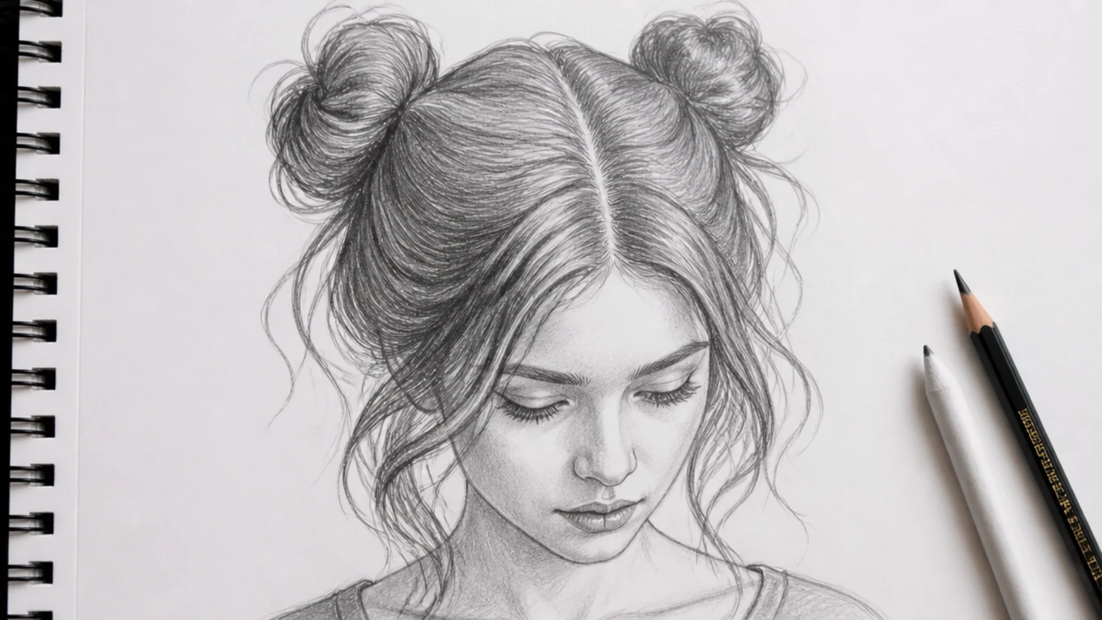 A sketch of two small buns set high on either side of the head