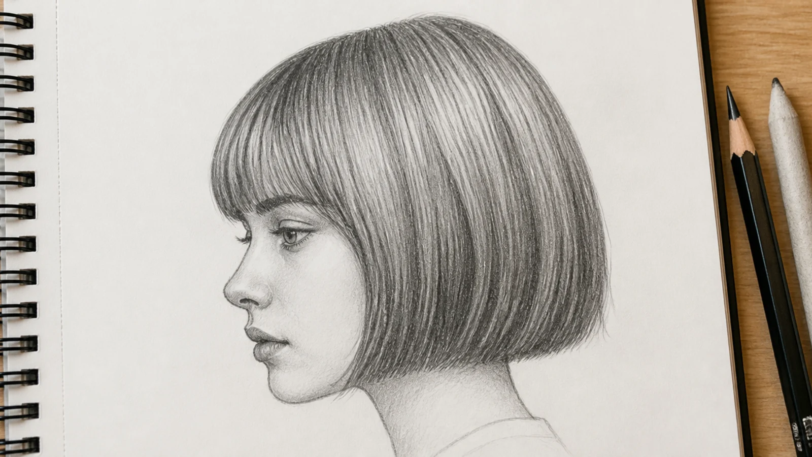 A side view sketch of a blunt bob with a hard bottom line