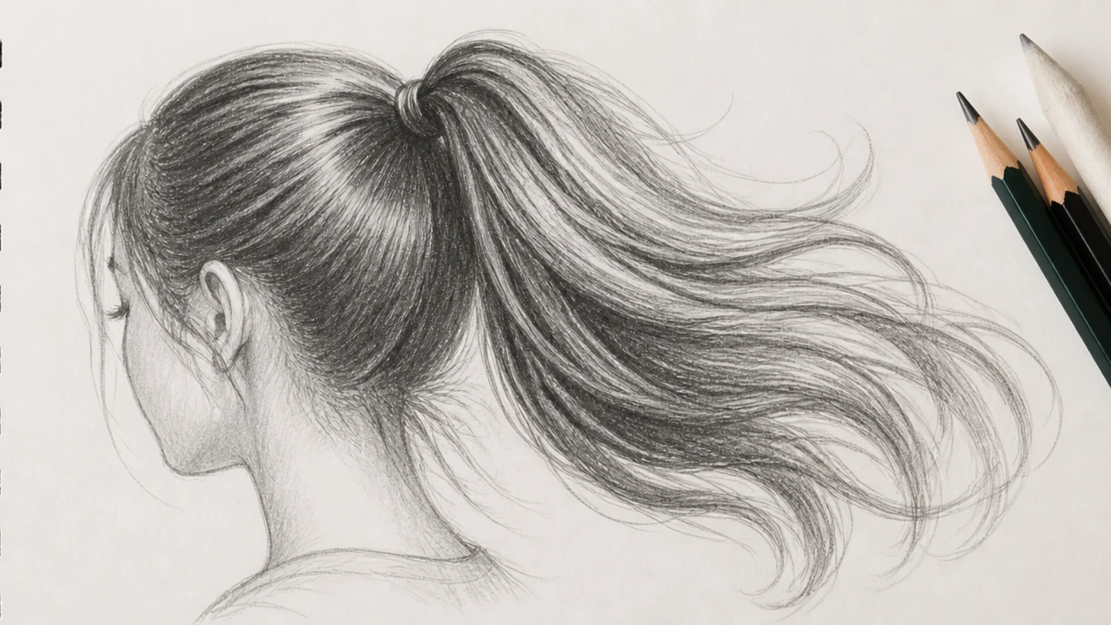 A sketch of a ponytail swinging as the head turns