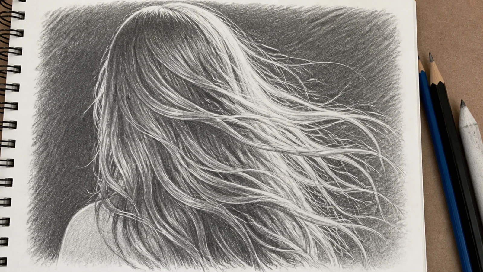 A sketch of wind blown hair rim lit against a dark background