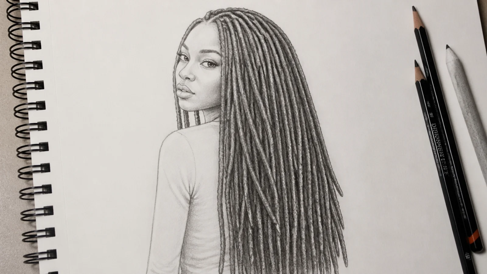 A sketch of long locs falling to the waist
