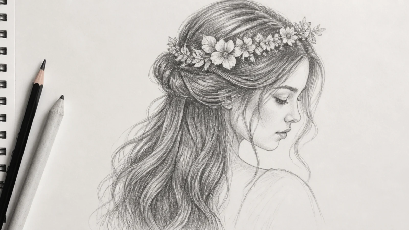 A sketch of hair worn half up with small flowers tucked in