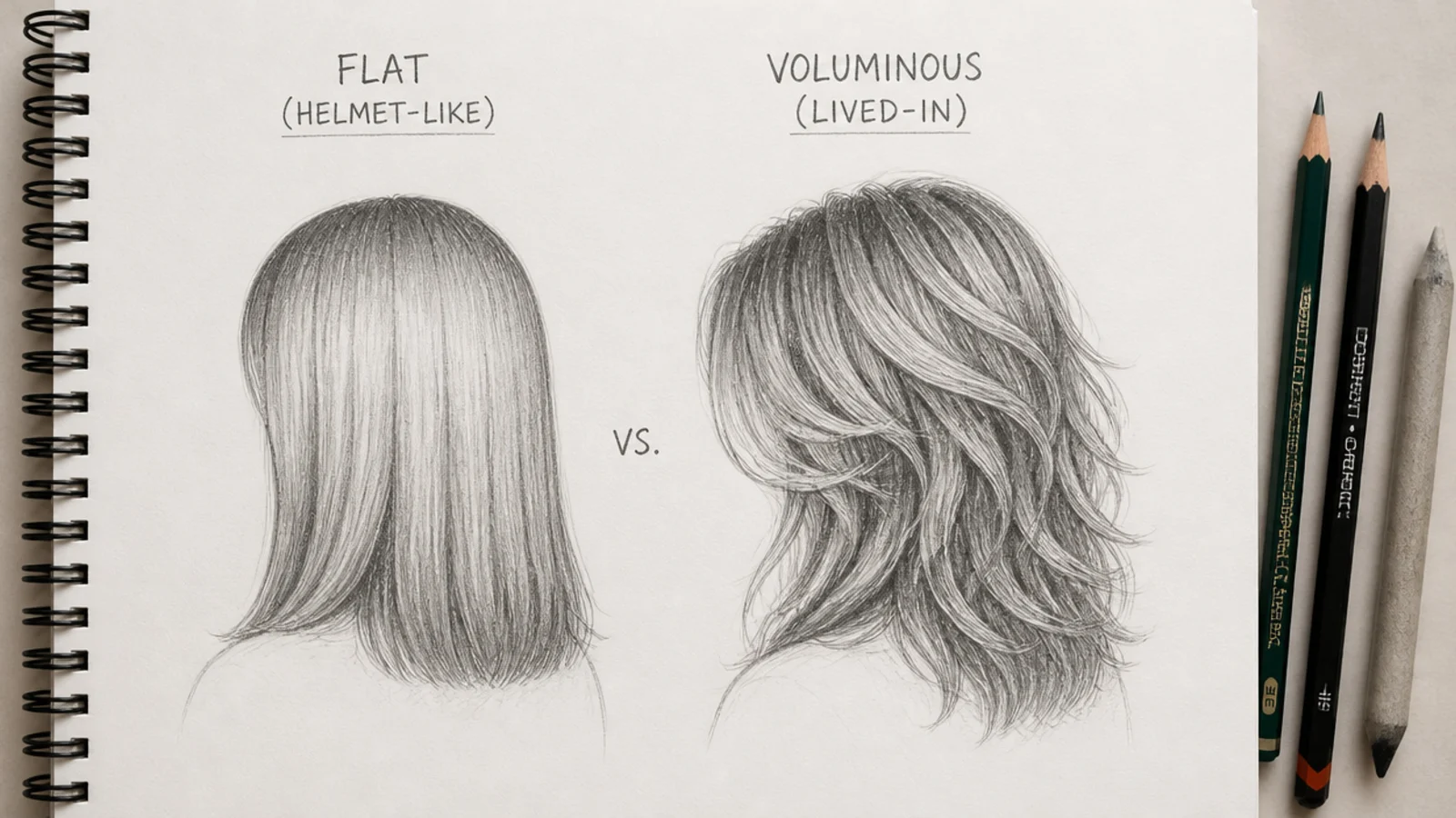 A flat grey hair drawing beside a version with full value range