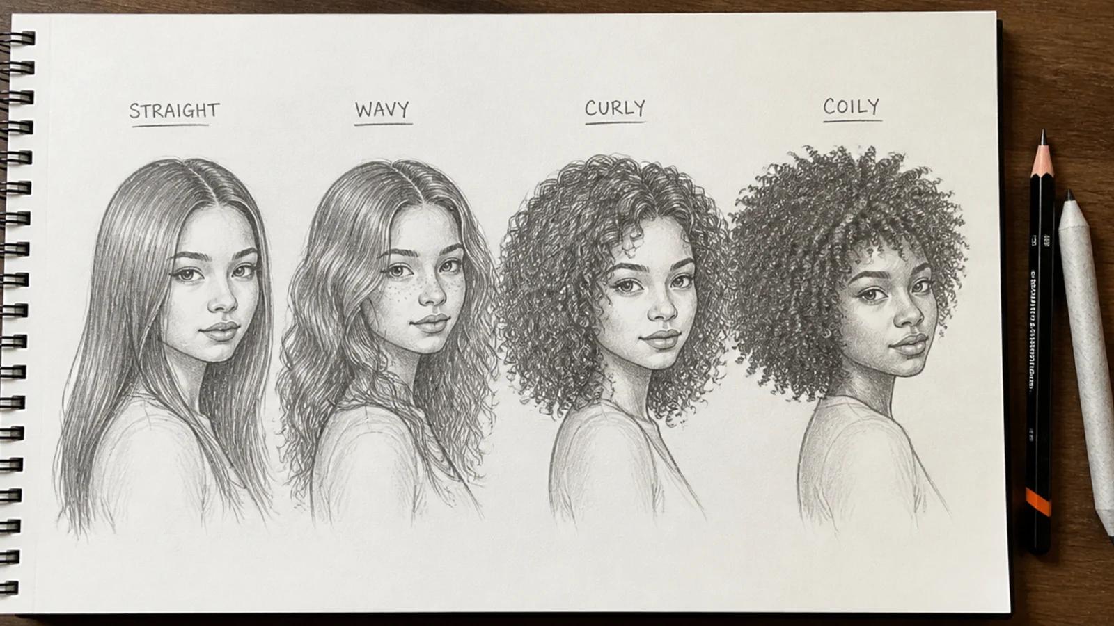 A pencil sheet comparing straight, wavy, curly and coily hair
