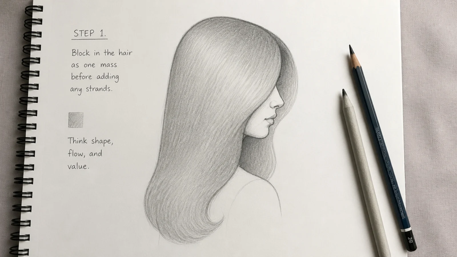 A blocked-in hair silhouette beside the same drawing with detail added