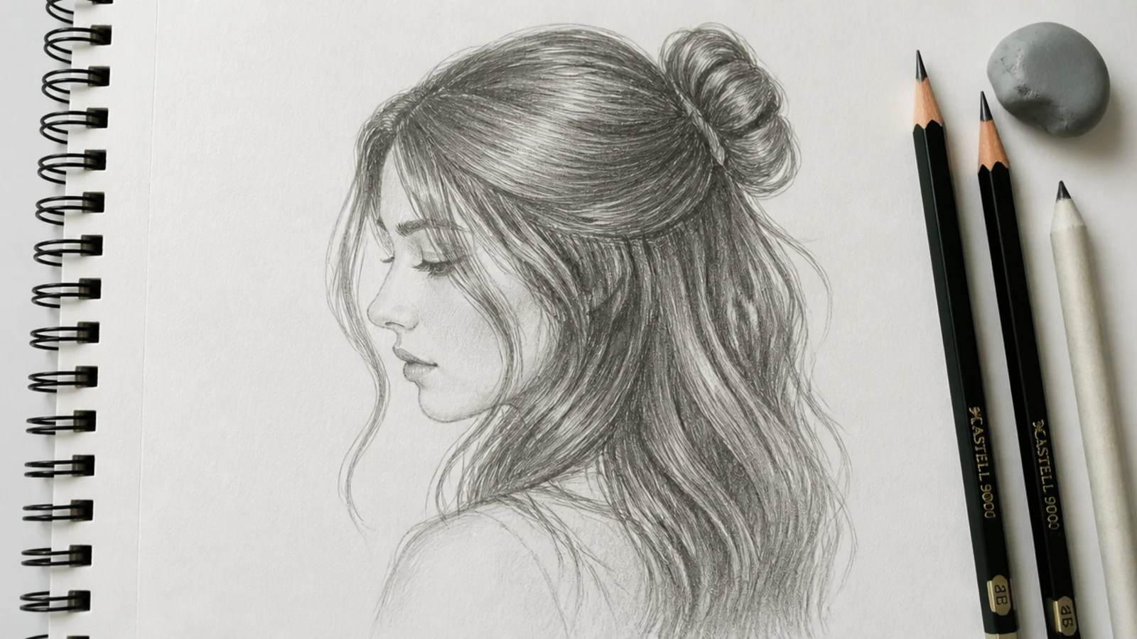 Pencils, a kneaded eraser and a blending stump beside a sketchbook