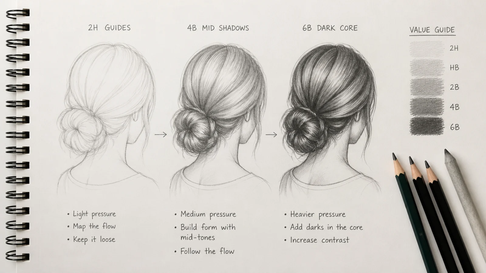 A shaded hair study showing dark cores, mid tone and lifted highlights