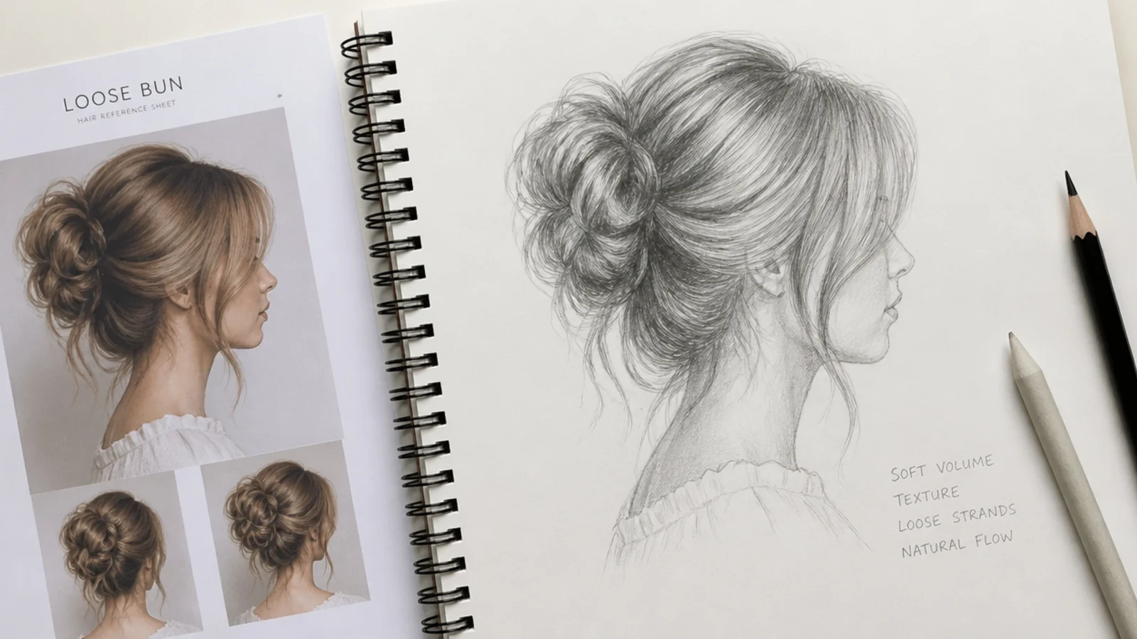 Printed hair reference photographs pinned above a sketchbook