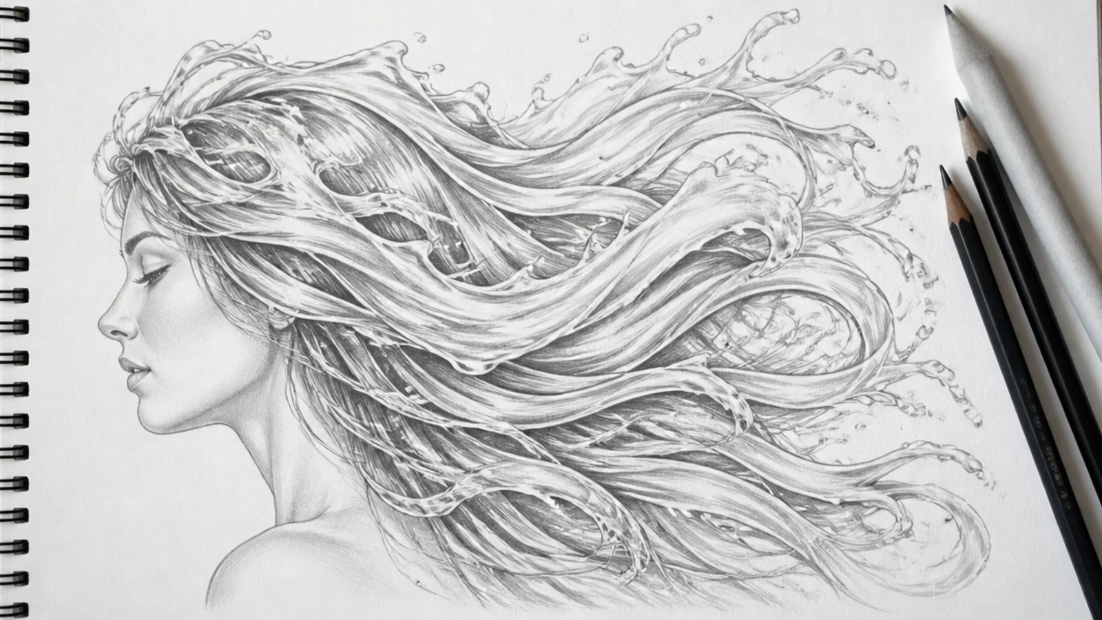 A drawing of hair rendered as flowing translucent water