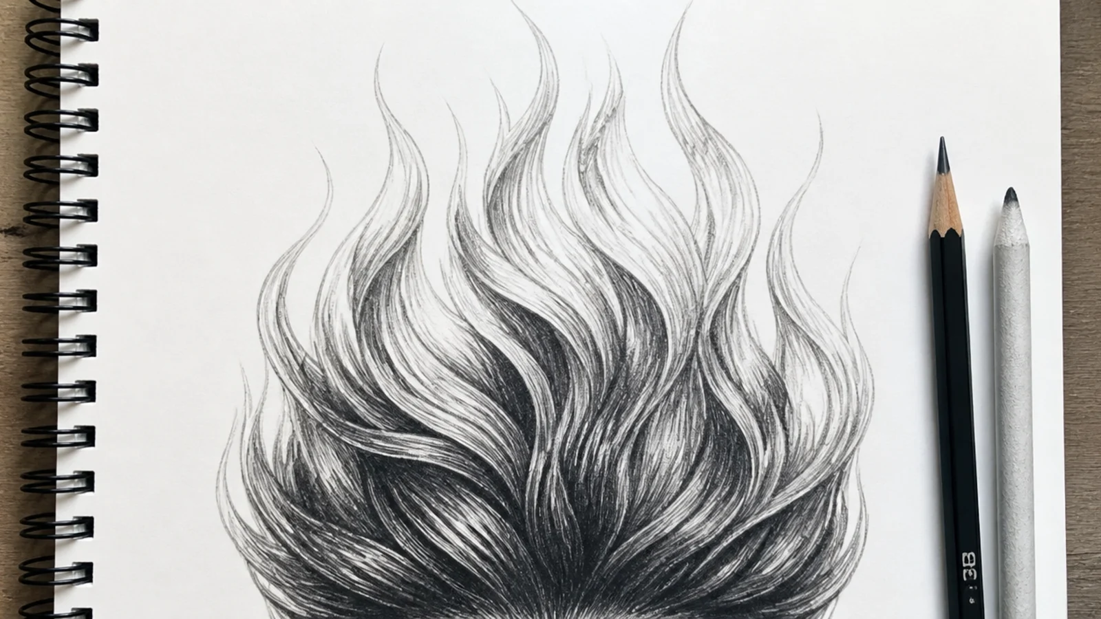 A drawing of hair whose ends break into rising flames