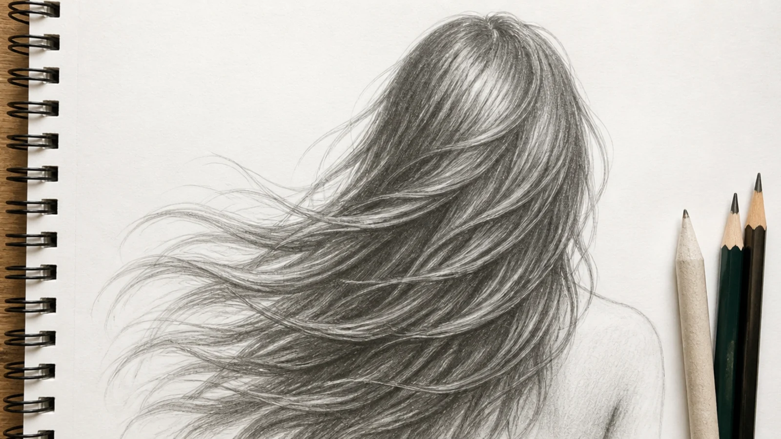 A back view drawing of hair streaming sideways in wind