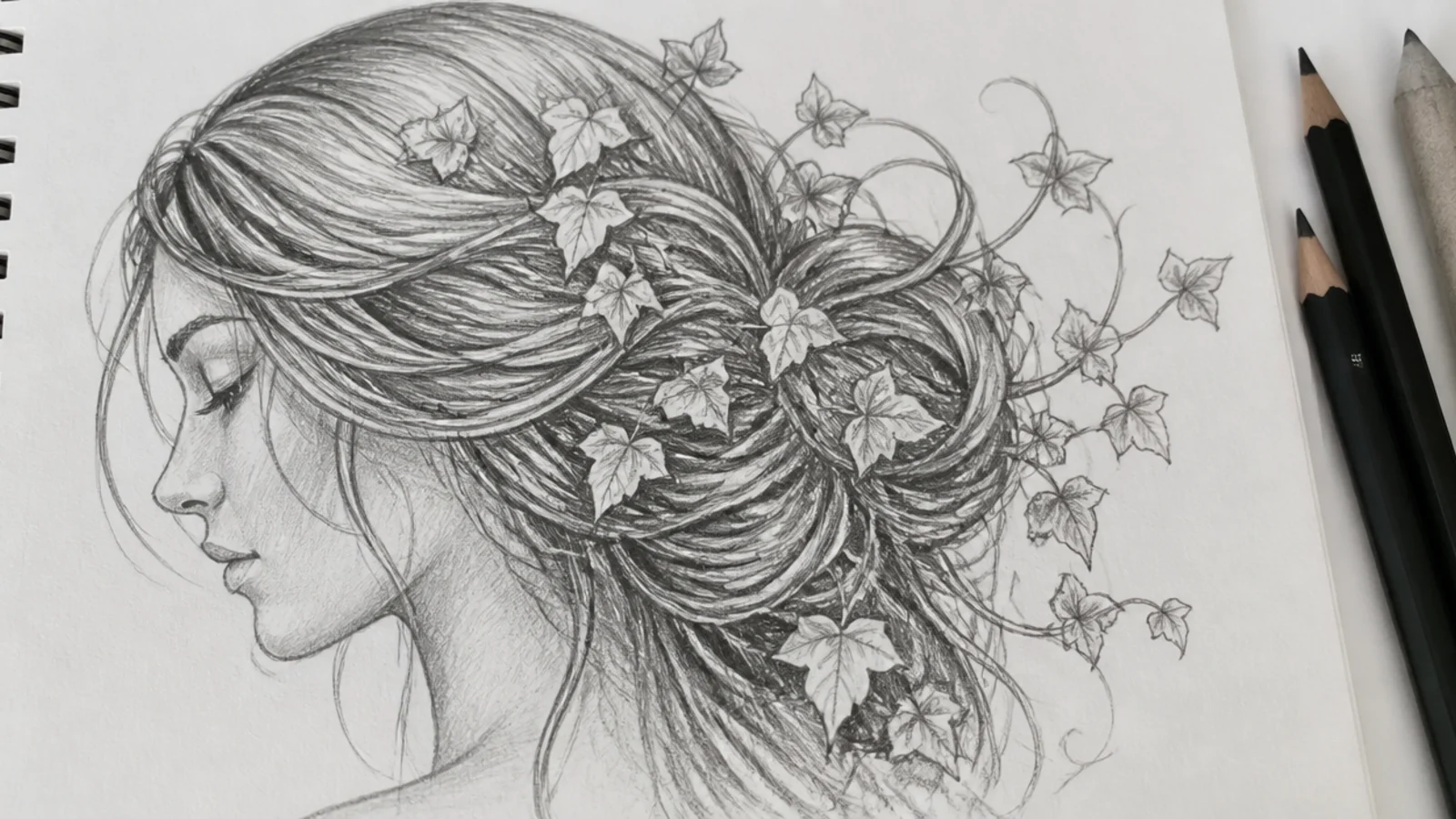 A drawing of hair growing into leaves and twisting vines