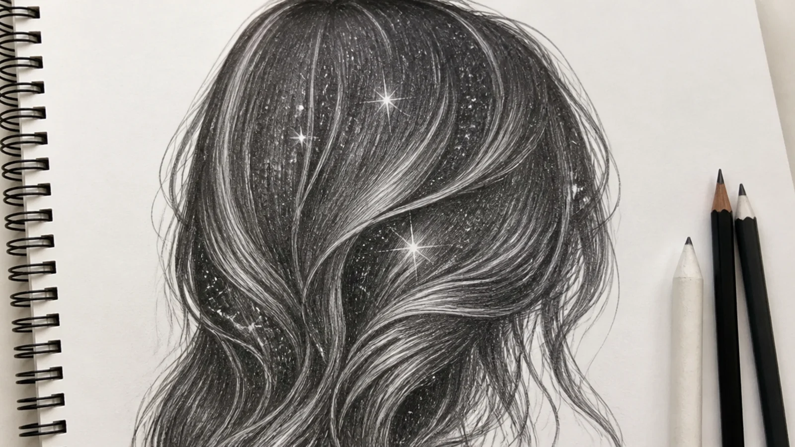 A drawing of hair filled with stars against a dark background
